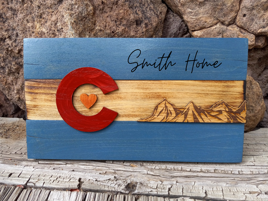 Rustic Colorado Flag with Mountains | MINI 12" x 6" | Engraved.