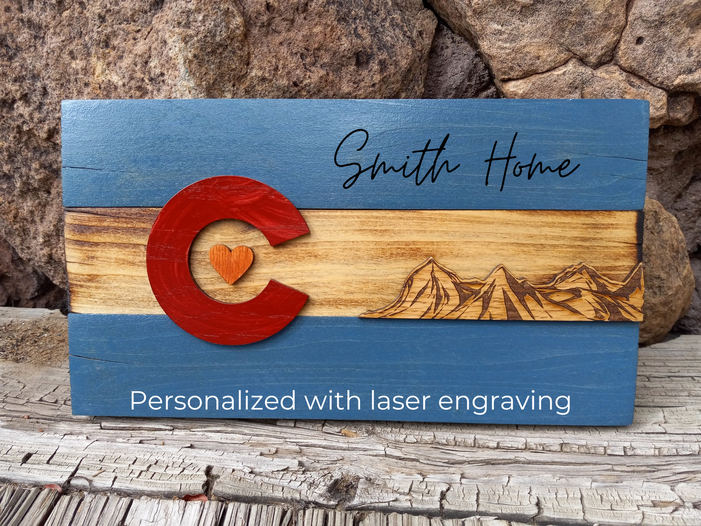 Rustic Colorado Flag with Mountains | MINI 12" x 6" | Engraved.