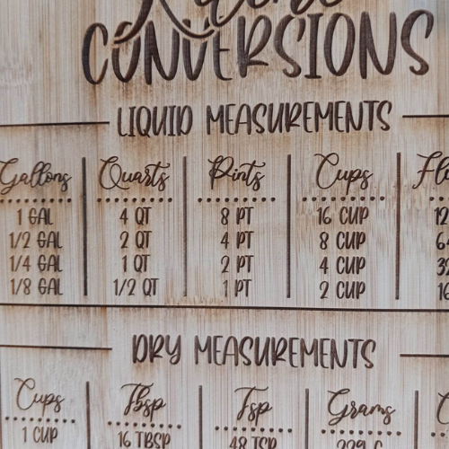 Engraved. Kitchen Conversion Chart  | Bamboo Cutting Board